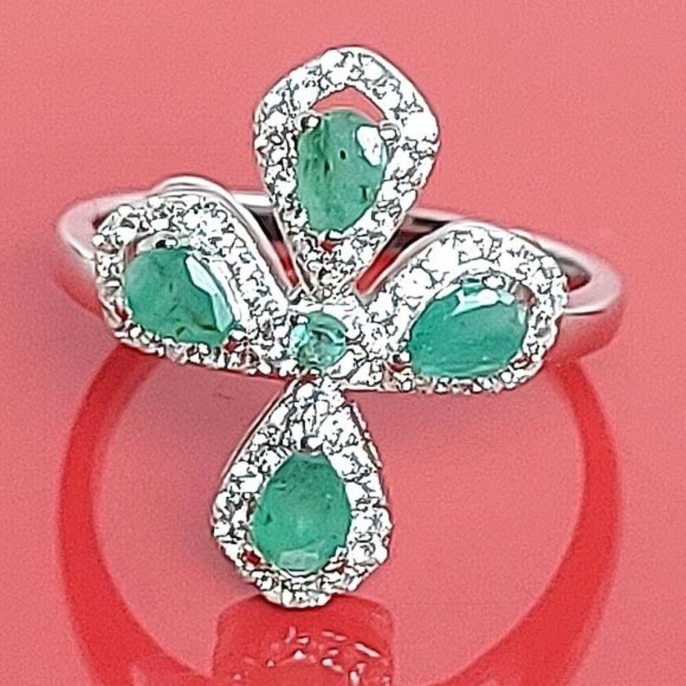 Natural Green Emerald 4x3mm‎ & White Topaz 925 Sterling Silver Ring Size 7.75